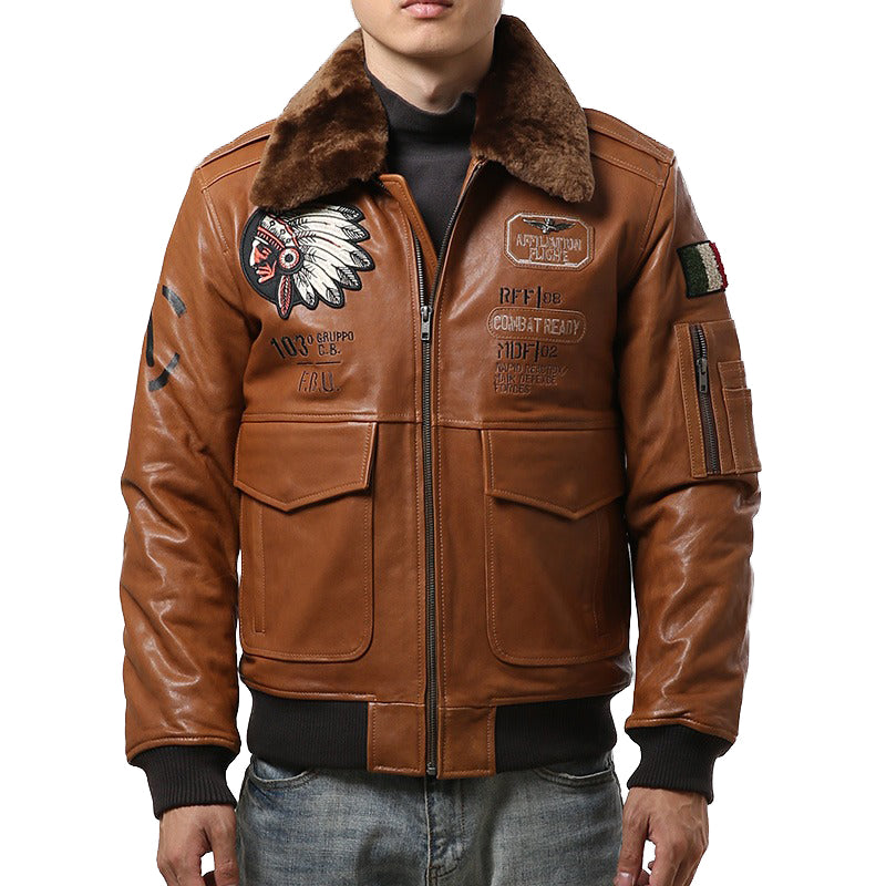 Sheep Leather Men's Bomber Jacket With Fur / Vintage Lambskin Jacket With Embroidery