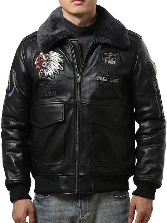 Sheep Leather Men's Bomber Jacket With Fur / Vintage Lambskin Jacket With Embroidery