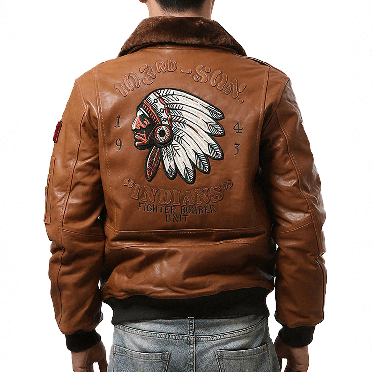 Sheep Leather Men's Bomber Jacket With Fur / Vintage Lambskin Jacket With Embroidery