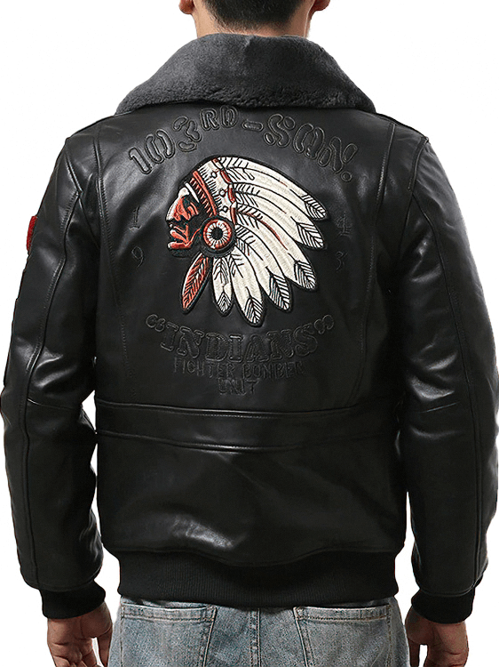 Sheep Leather Men's Bomber Jacket With Fur / Vintage Lambskin Jacket With Embroidery