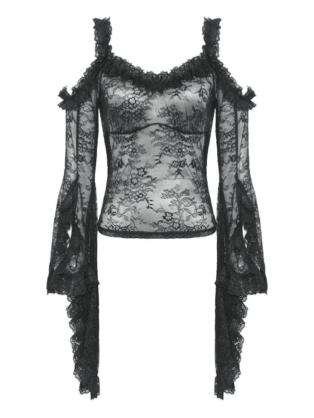 Sheer Black Lace Top with Dramatic Draped Bell Sleeves