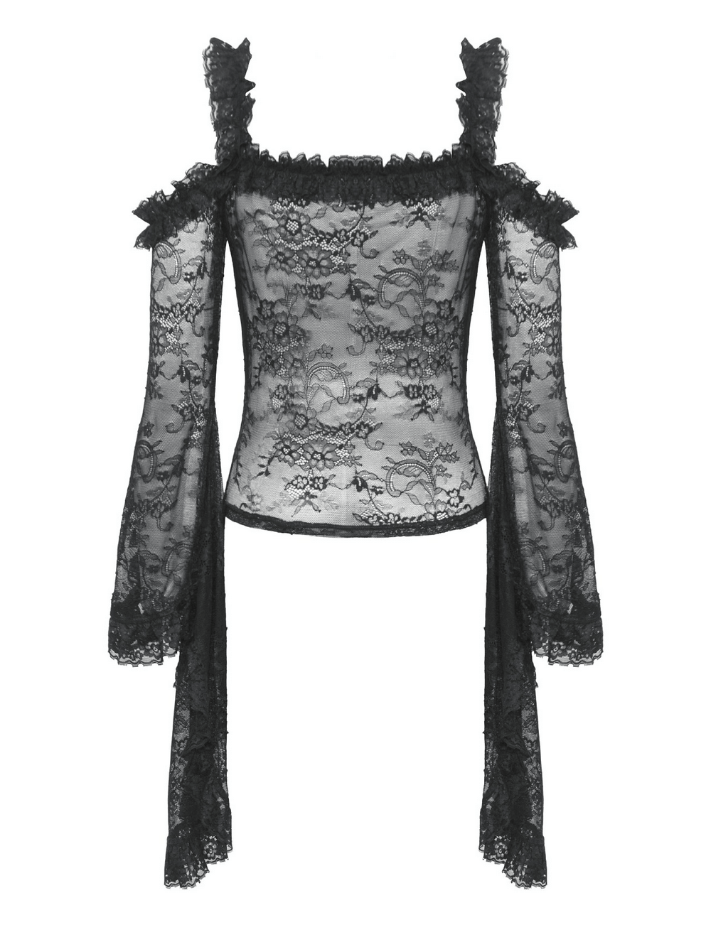 Sheer Black Lace Top with Dramatic Draped Bell Sleeves