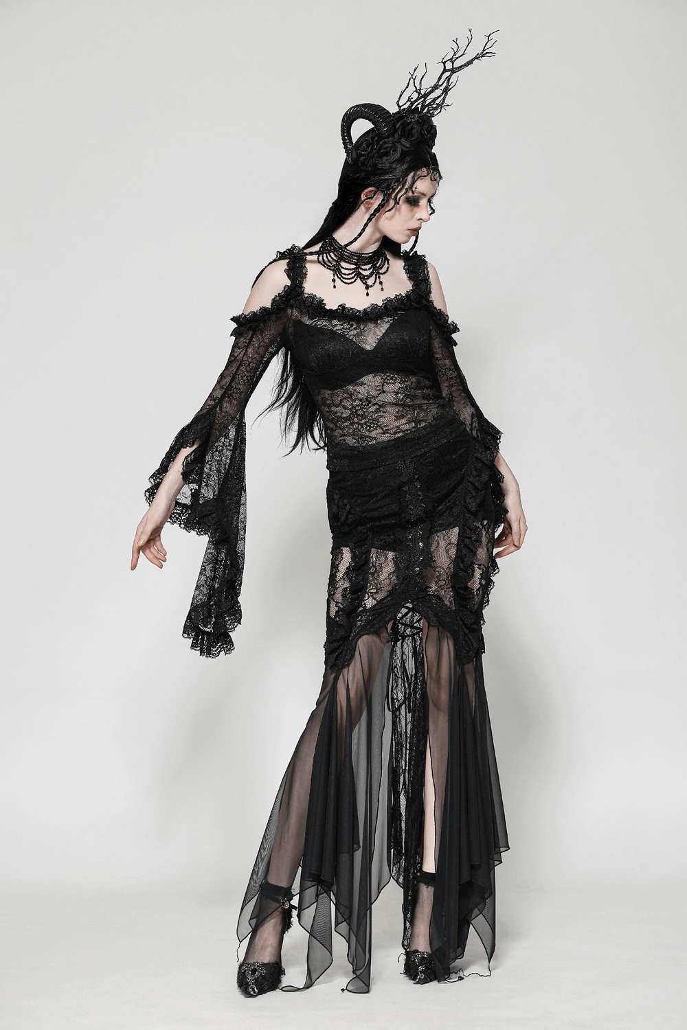 Sheer Black Lace Top with Dramatic Draped Bell Sleeves