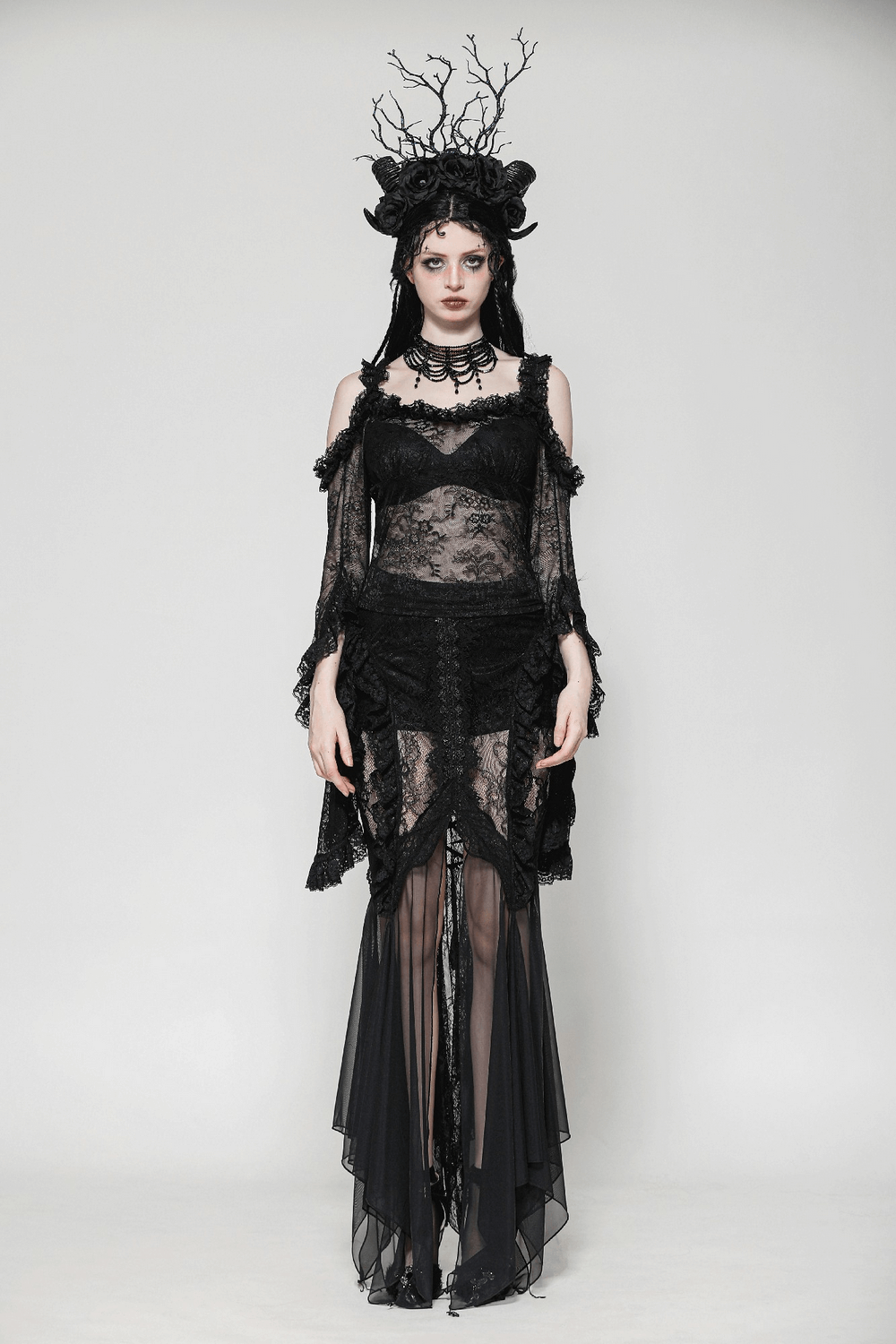 Sheer Black Lace Top with Dramatic Draped Bell Sleeves