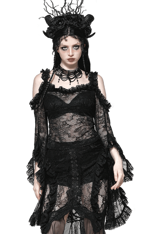 Sheer Black Lace Top with Dramatic Draped Bell Sleeves
