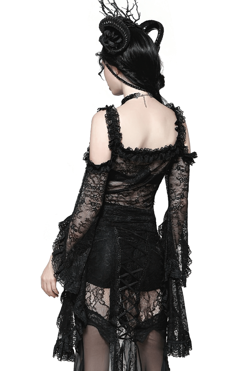 Sheer Black Lace Top with Dramatic Draped Bell Sleeves