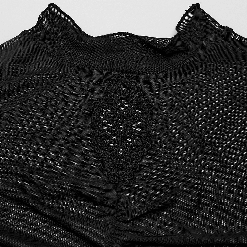 Sheer Black Mesh Top with Skeleton Embroidery