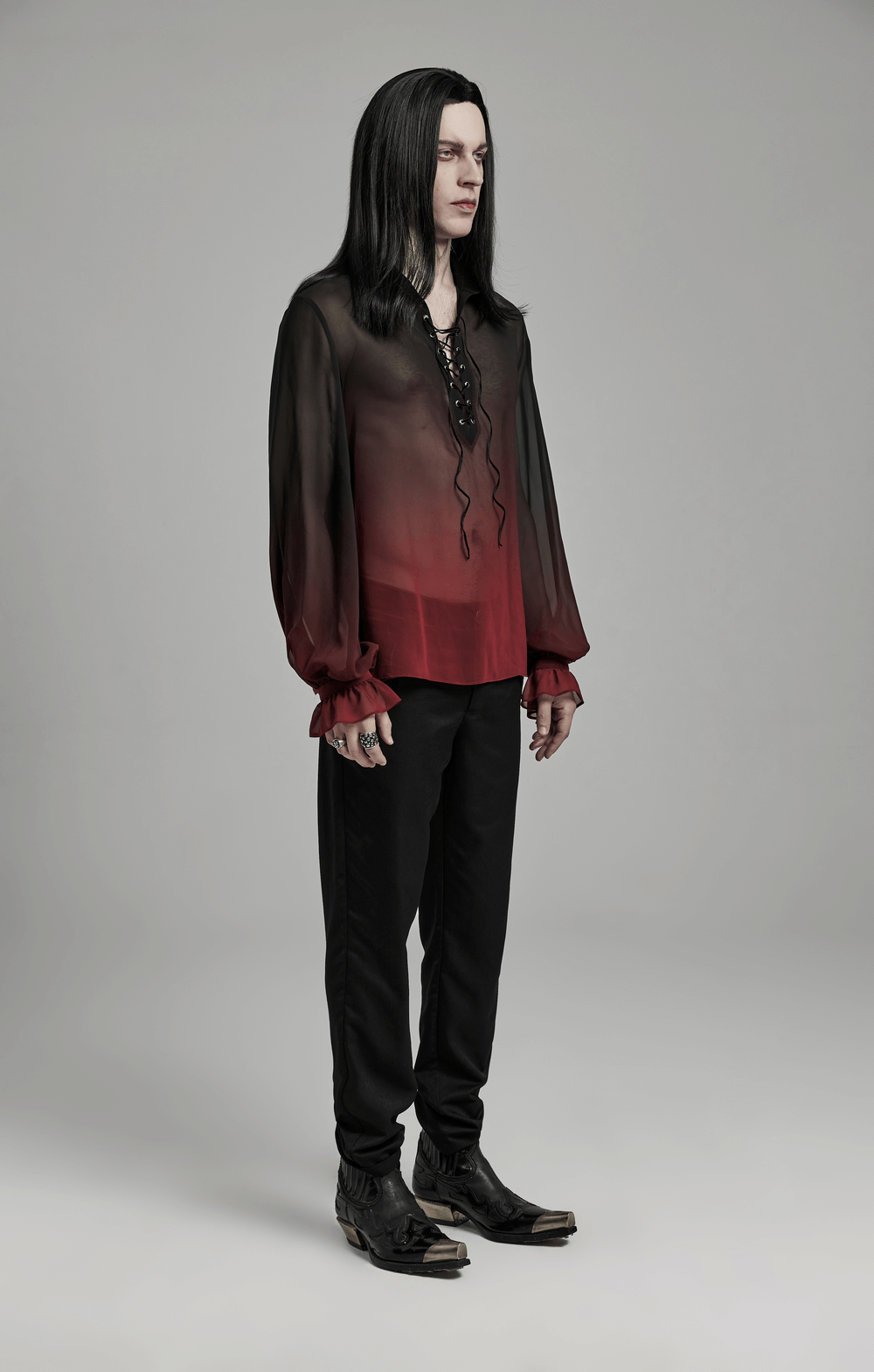 Sheer Chiffon Lace Up Front Gothic Shirt for Men