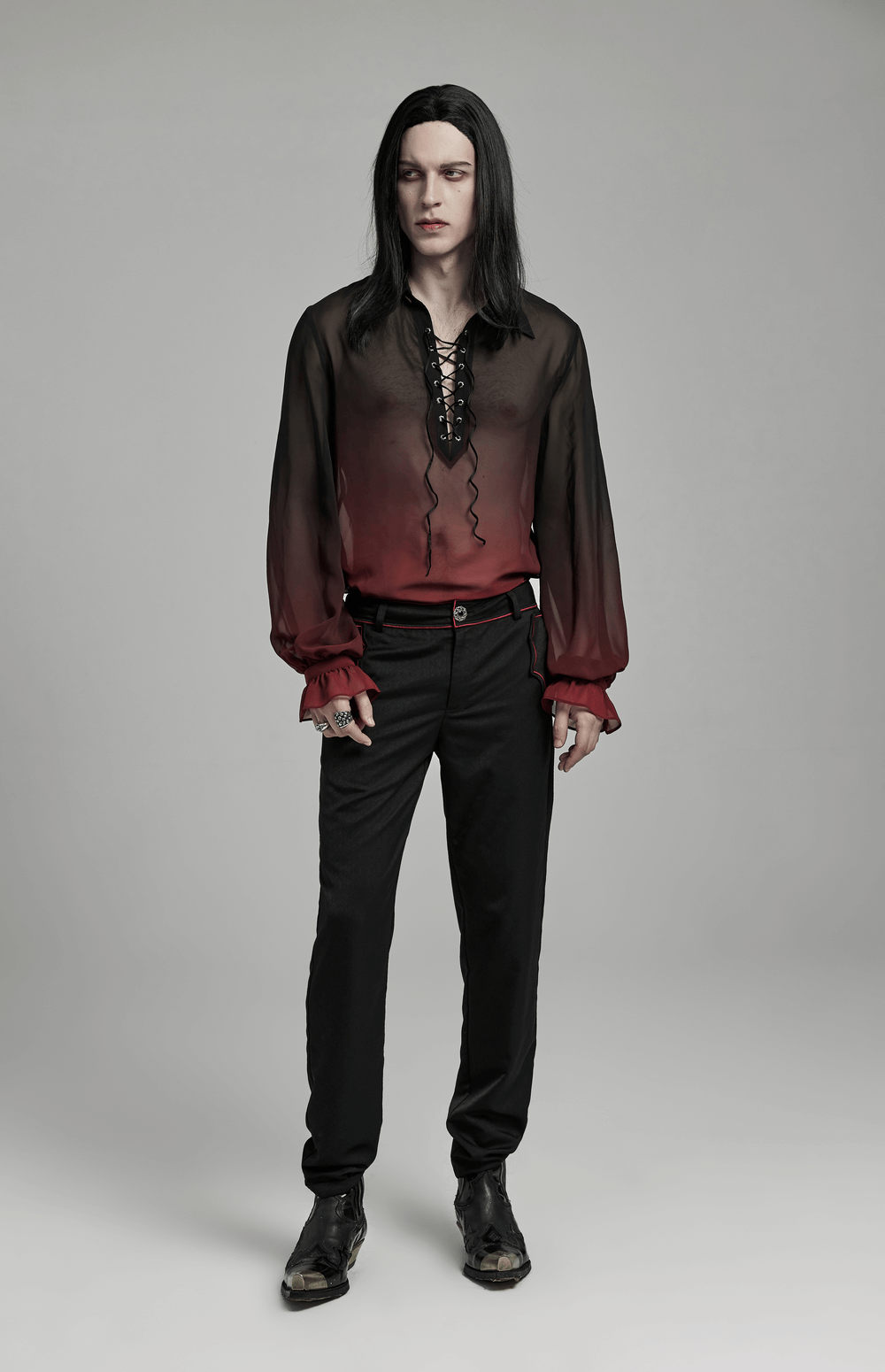 Sheer Chiffon Lace Up Front Gothic Shirt for Men