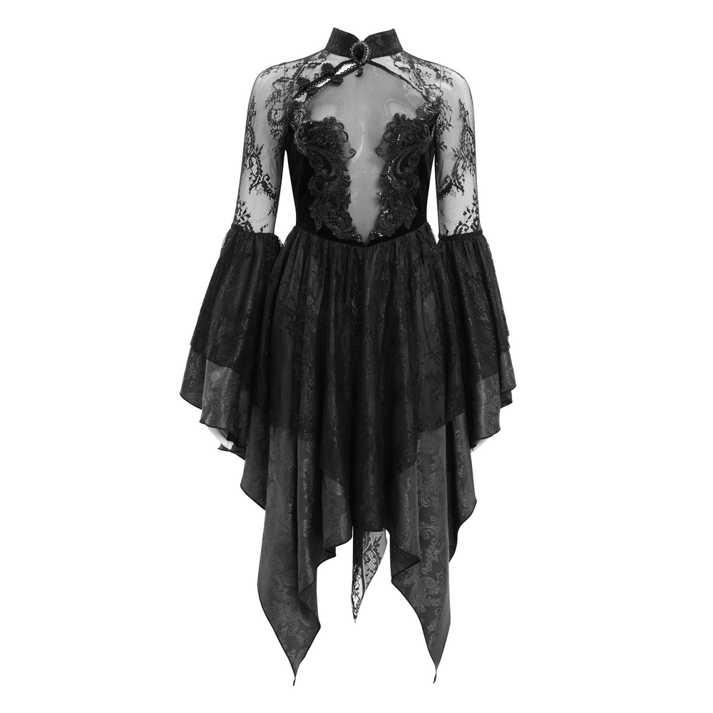 Sheer Lace Dress with Appliques and Flared Sleeves