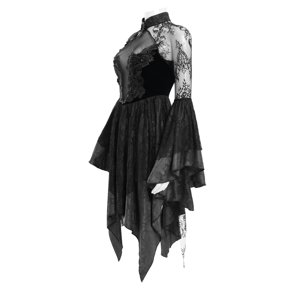 Sheer Lace Dress with Appliques and Flared Sleeves