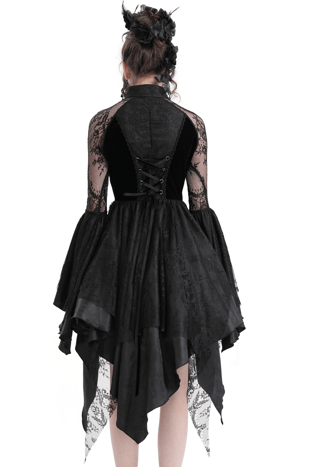 Sheer Lace Dress with Appliques and Flared Sleeves