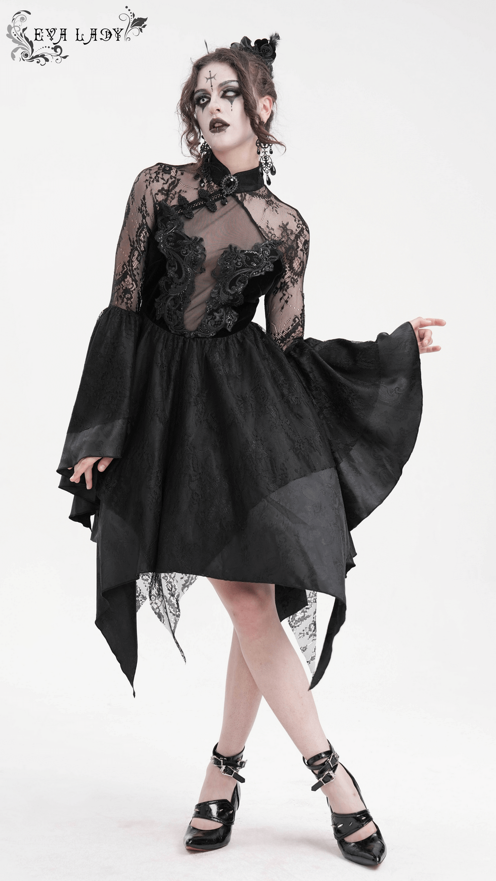 Sheer Lace Dress with Appliques and Flared Sleeves
