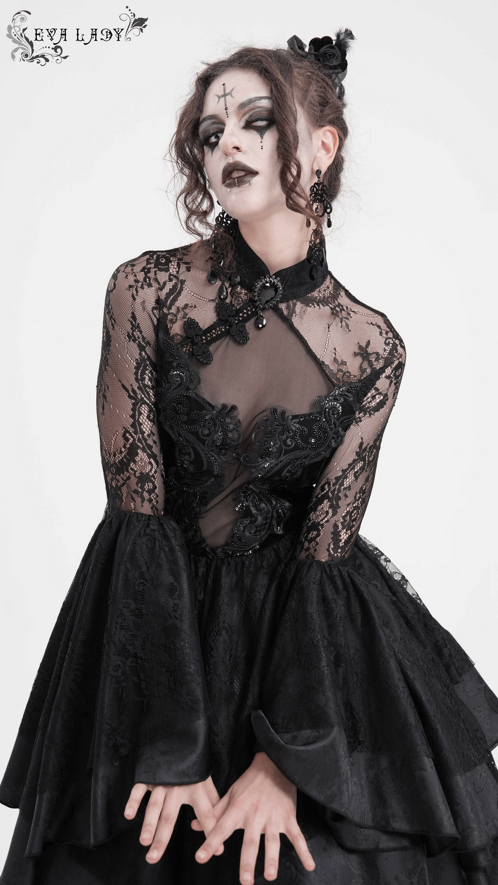 Sheer Lace Dress with Appliques and Flared Sleeves