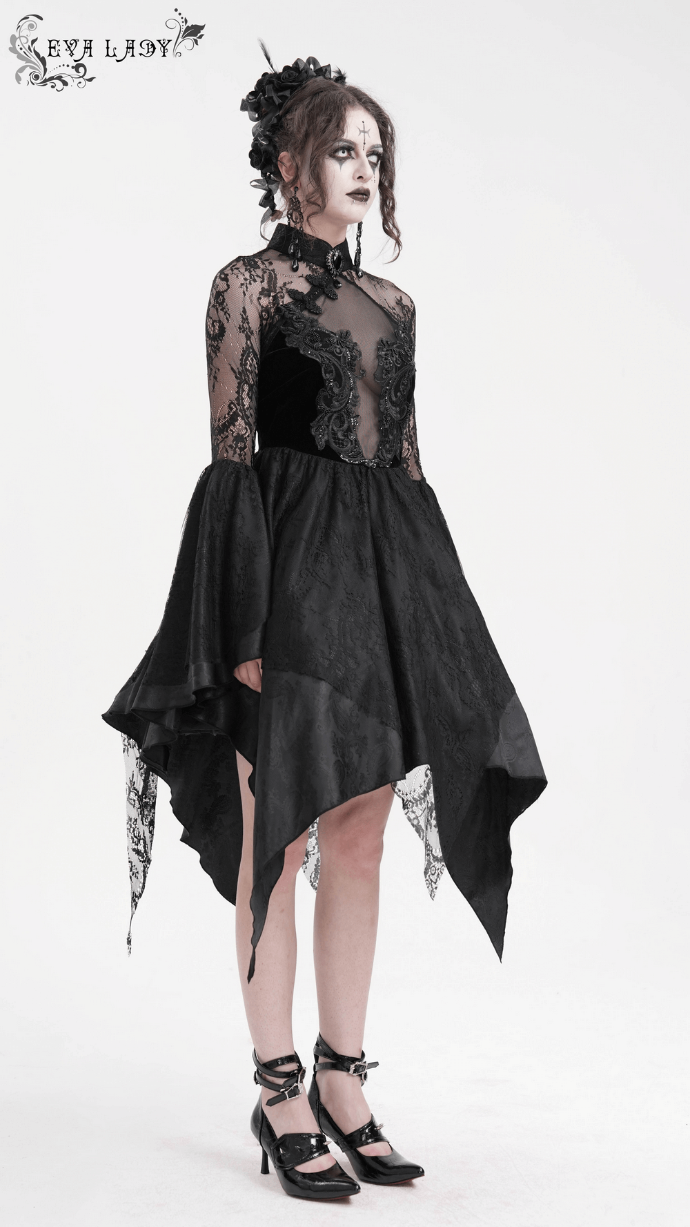 Sheer Lace Dress with Appliques and Flared Sleeves