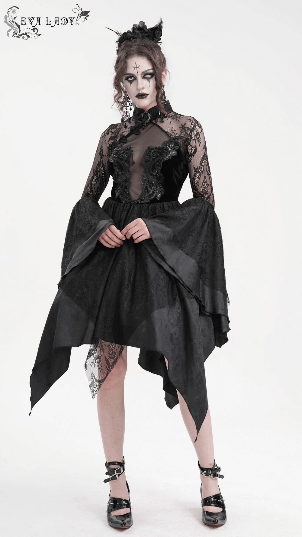 Sheer Lace Dress with Appliques and Flared Sleeves