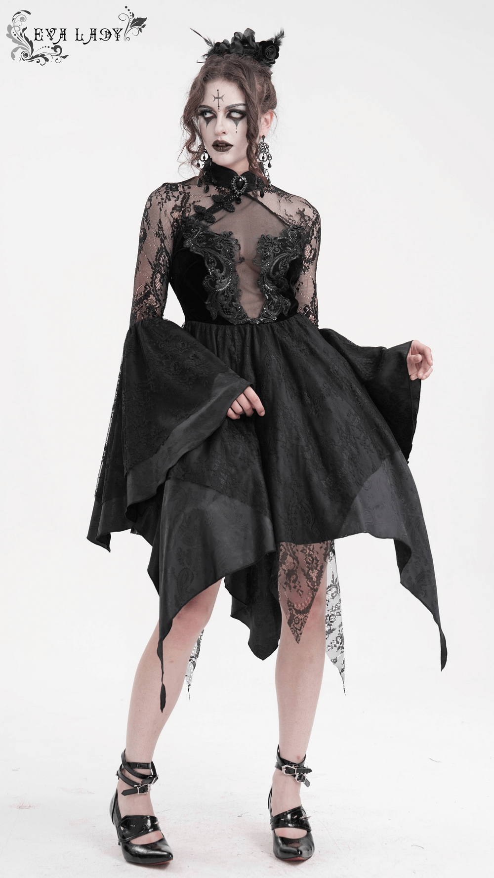 Sheer Lace Dress with Appliques and Flared Sleeves