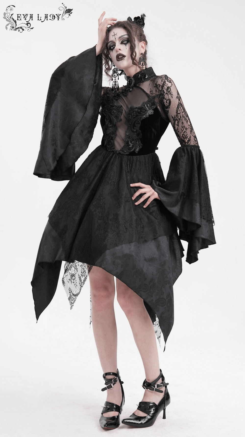 Sheer Lace Dress with Appliques and Flared Sleeves