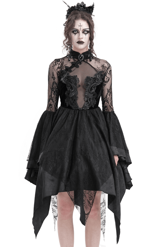Sheer Lace Dress with Appliques and Flared Sleeves