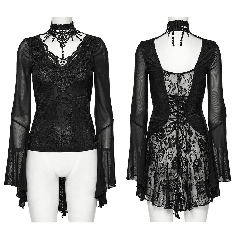Sheer Lace Gothic Top with Bell Sleeves and Choker