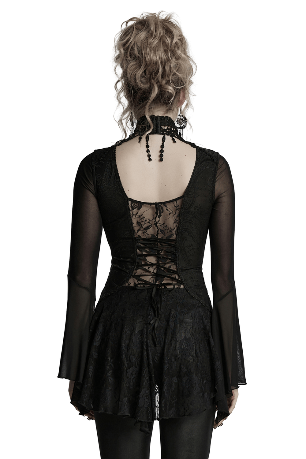 Sheer Lace Gothic Top with Bell Sleeves and Choker