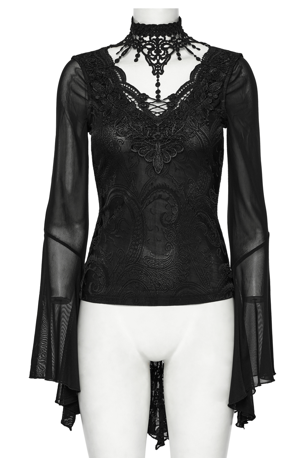 Sheer Lace Gothic Top with Bell Sleeves and Choker