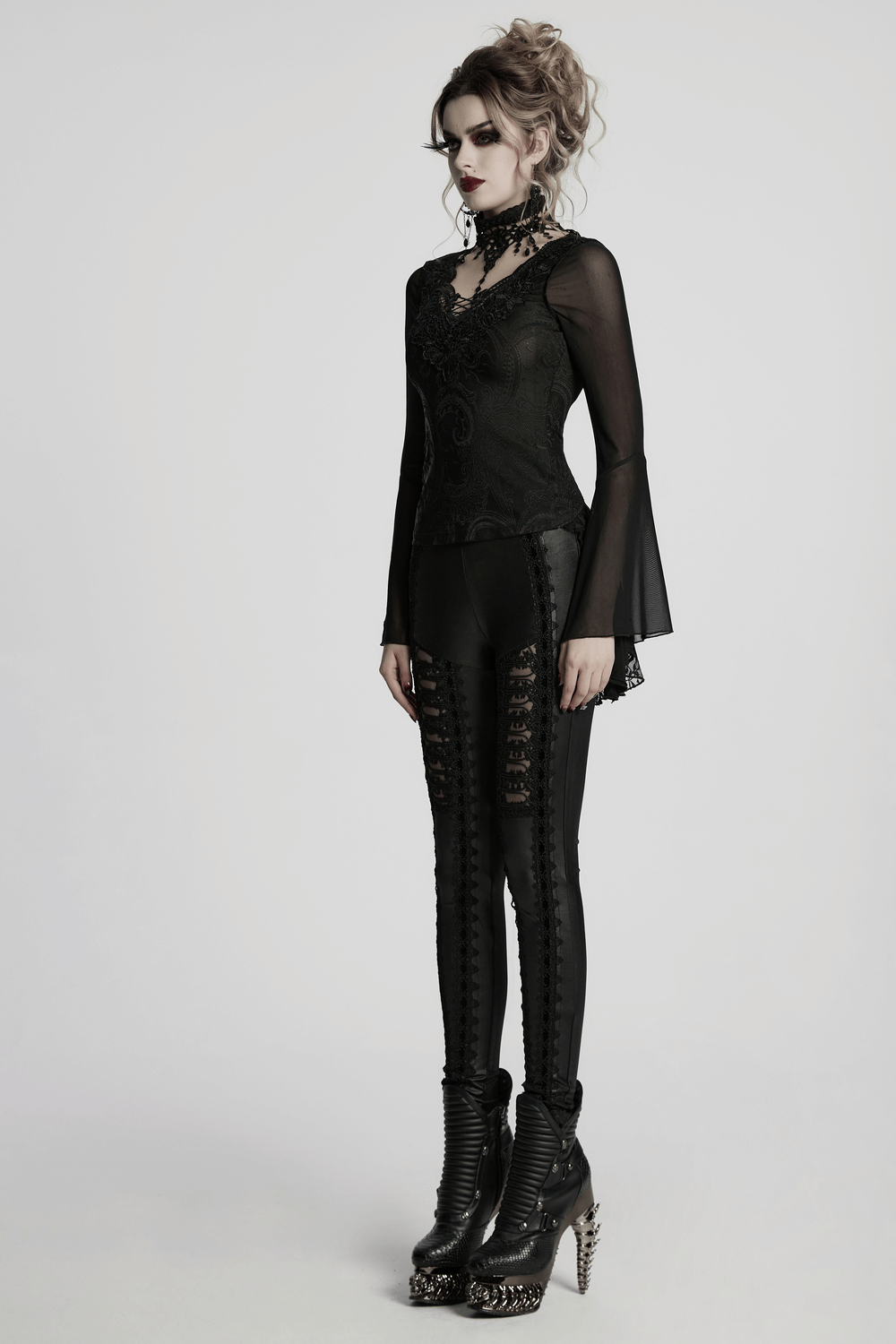 Sheer Lace Gothic Top with Bell Sleeves and Choker