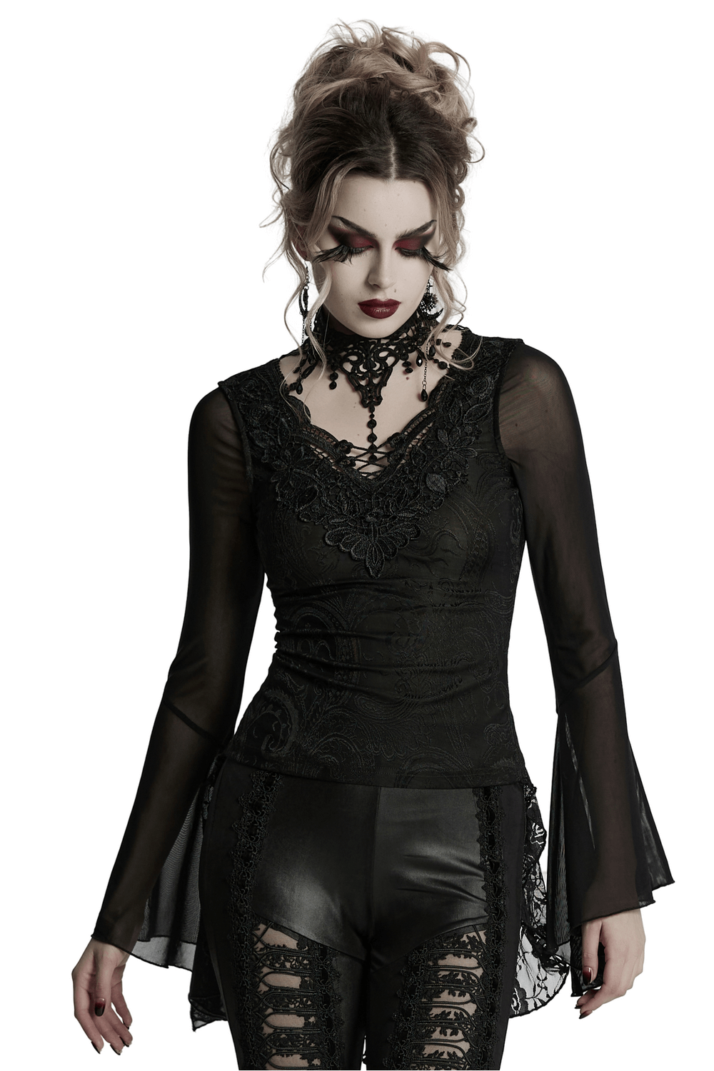 Sheer Lace Gothic Top with Bell Sleeves and Choker