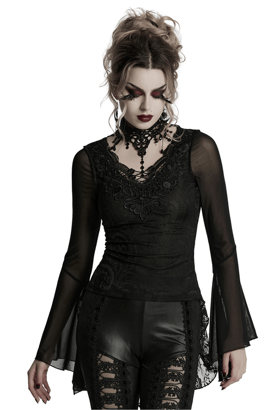 Sheer Lace Gothic Top with Bell Sleeves and Choker