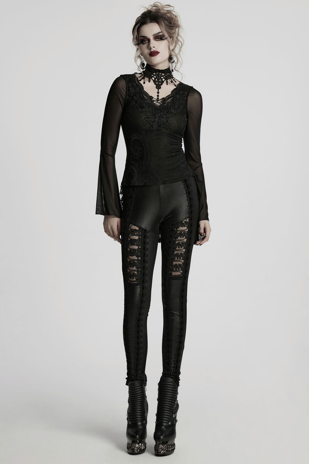 Sheer Lace Gothic Top with Bell Sleeves and Choker