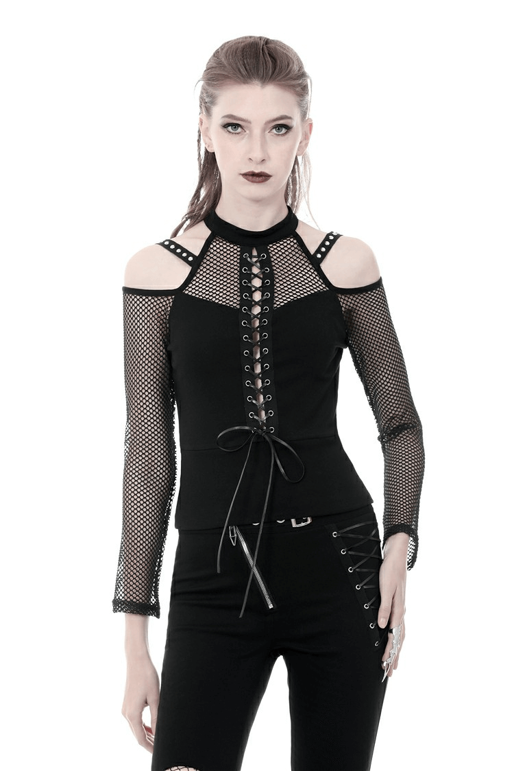 Sheer Mesh Long Sleeved Top With Lace-Up Front