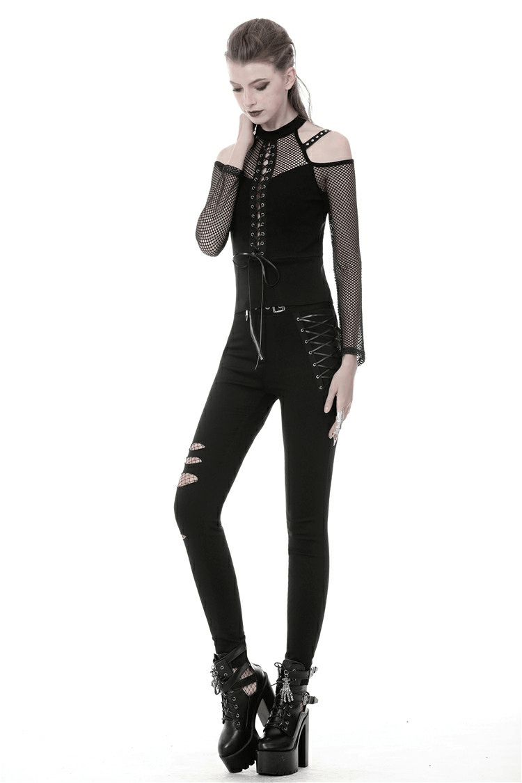 Sheer Mesh Long Sleeved Top With Lace-Up Front