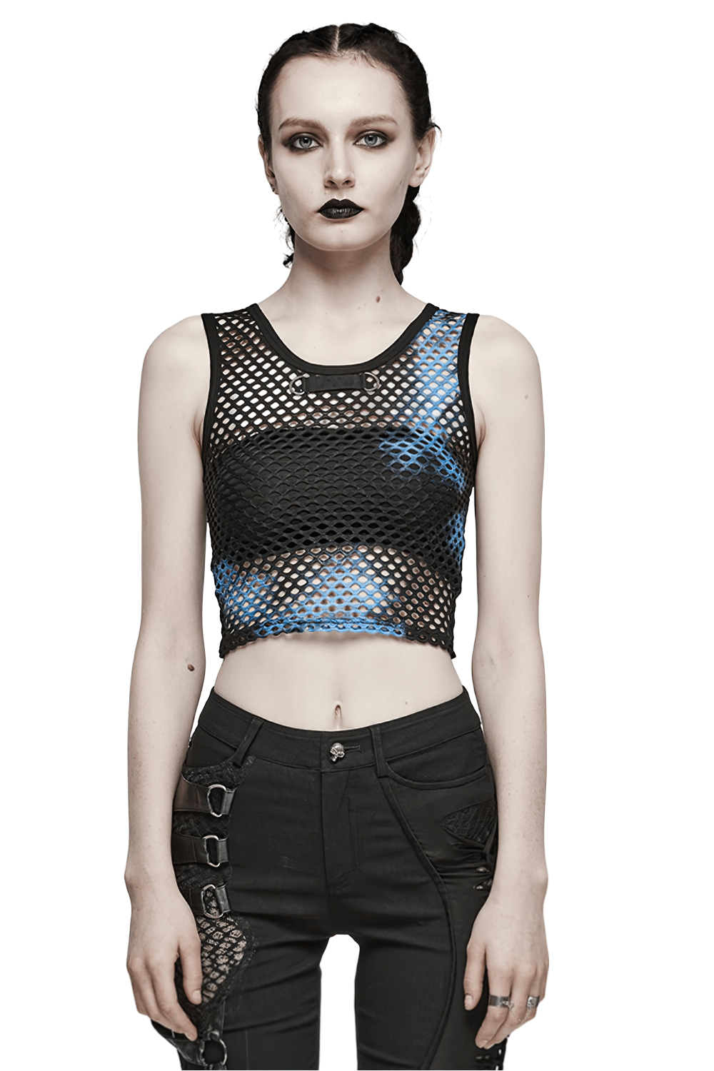 Shic Stylish Black-Blue Punk Tie Dye Mesh Tank Top