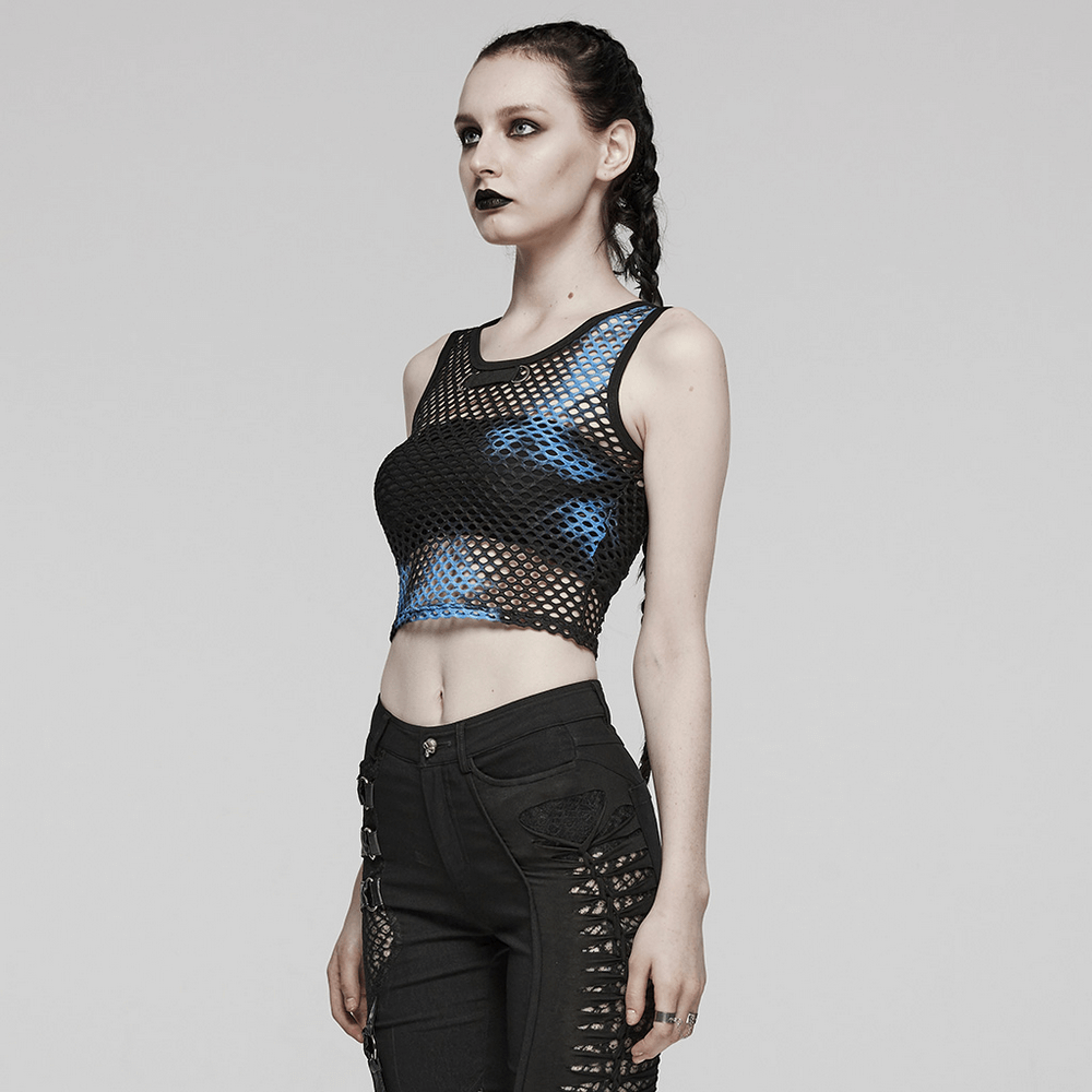 Shic Stylish Black-Blue Punk Tie Dye Mesh Tank Top