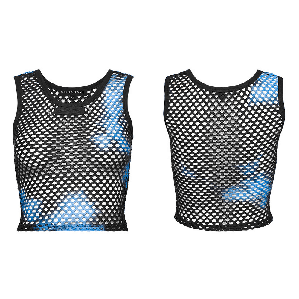 Shic Stylish Black-Blue Punk Tie Dye Mesh Tank Top