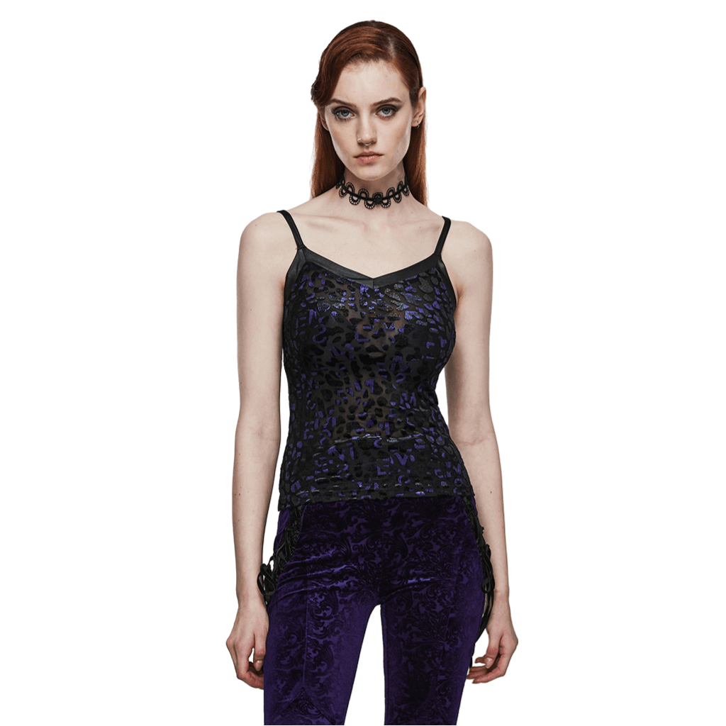 Shimmer Leopard Mesh Goth Women's Camis with V-Neck