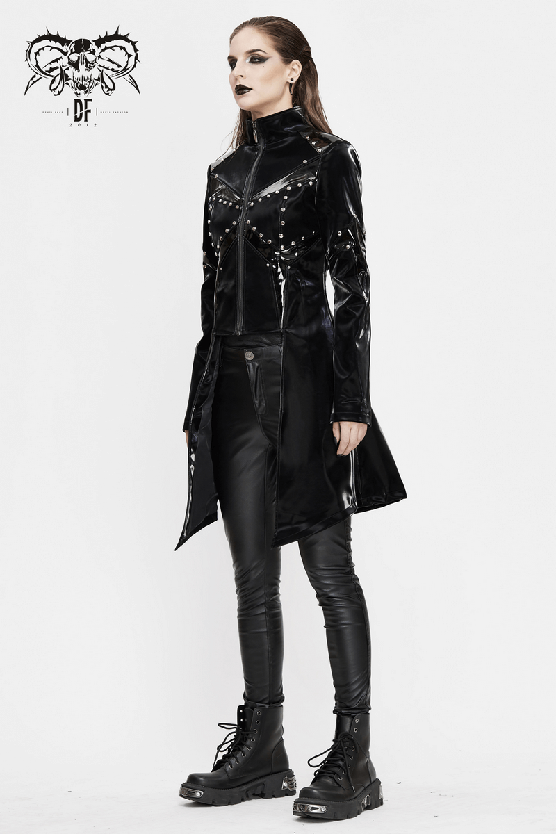 Shiny PU Leather Jackets With Studs / Gothic Front Zip Long Jackets / Alternative Clothing
