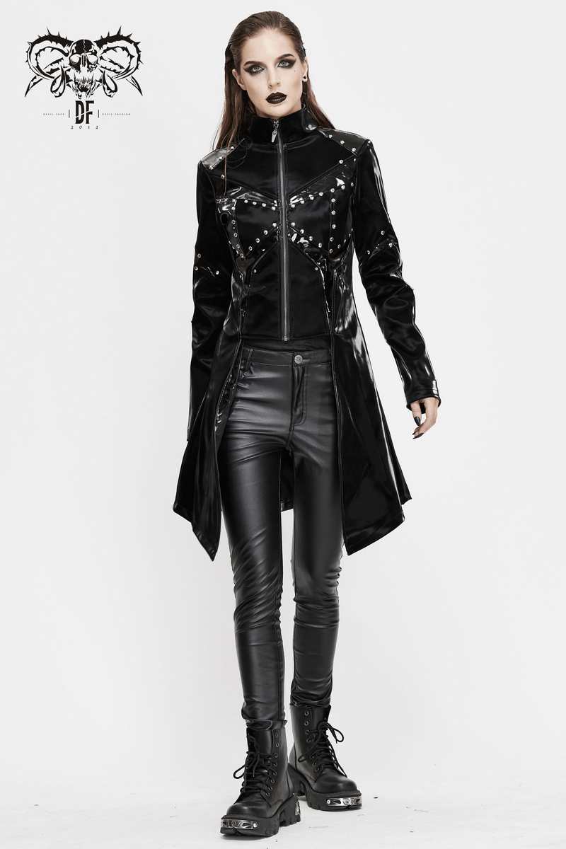 Shiny PU Leather Jackets With Studs / Gothic Front Zip Long Jackets / Alternative Clothing