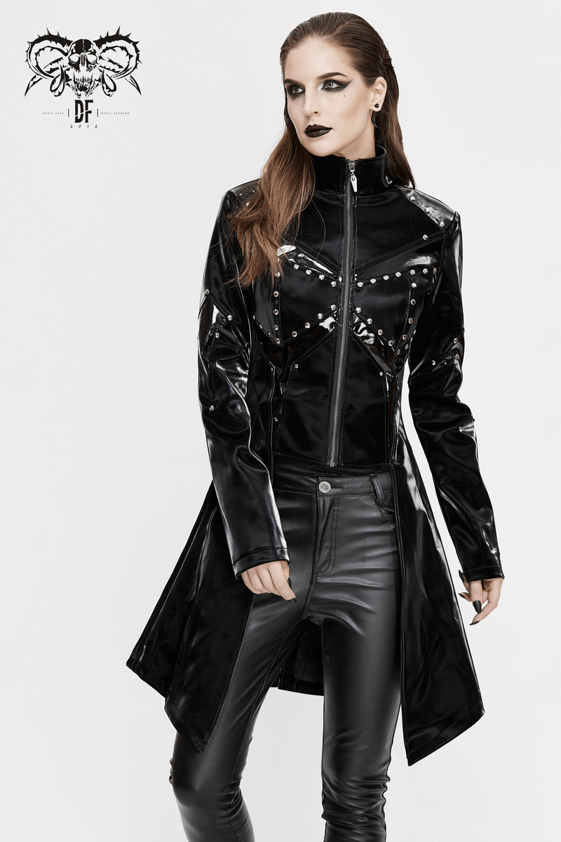 Shiny PU Leather Jackets With Studs / Gothic Front Zip Long Jackets / Alternative Clothing