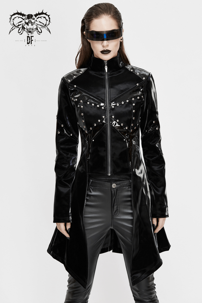 Shiny PU Leather Jackets With Studs / Gothic Front Zip Long Jackets / Alternative Clothing