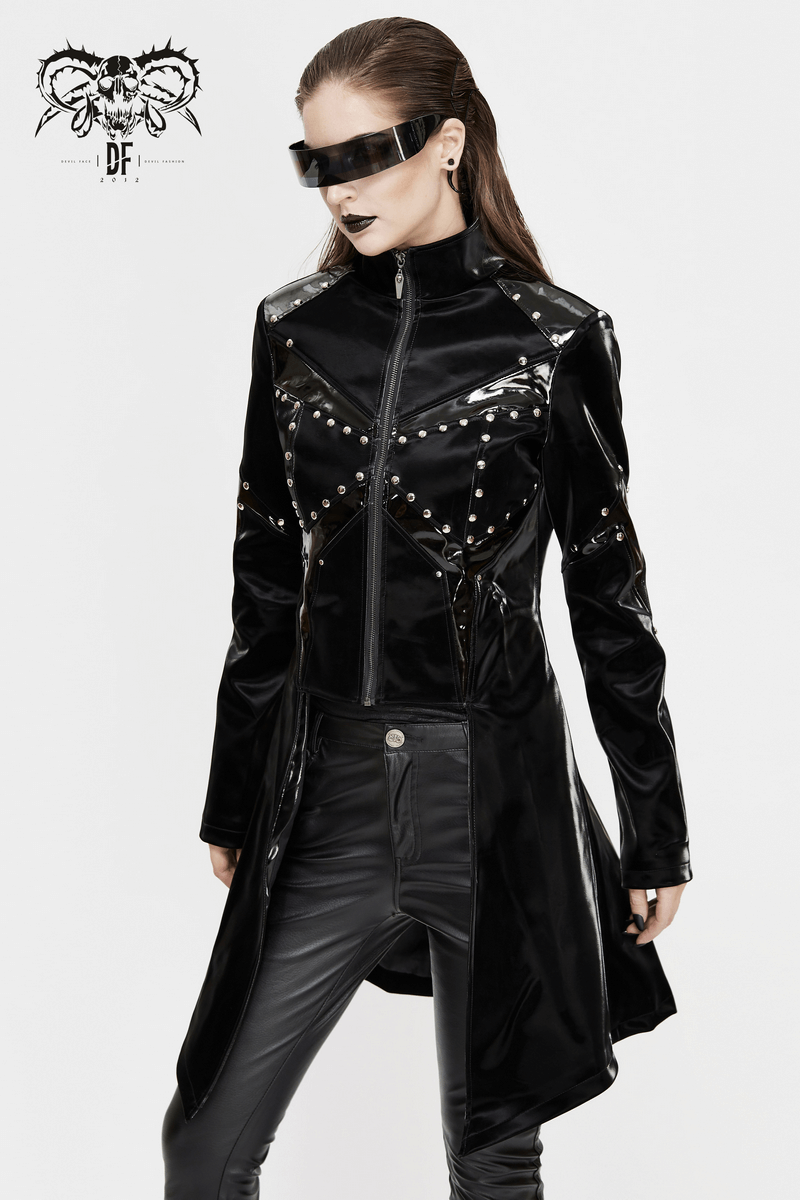 Shiny PU Leather Jackets With Studs / Gothic Front Zip Long Jackets / Alternative Clothing