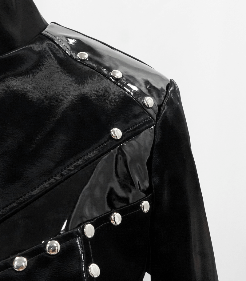 Shiny PU Leather Jackets With Studs / Gothic Front Zip Long Jackets / Alternative Clothing