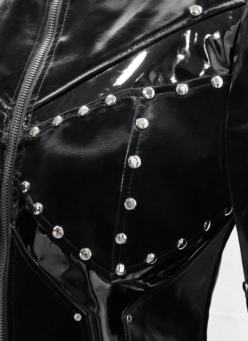 Shiny PU Leather Jackets With Studs / Gothic Front Zip Long Jackets / Alternative Clothing