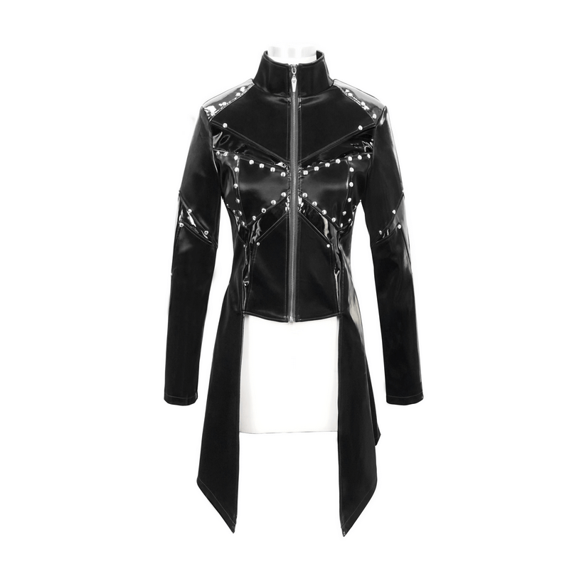 Shiny PU Leather Jackets With Studs / Gothic Front Zip Long Jackets / Alternative Clothing