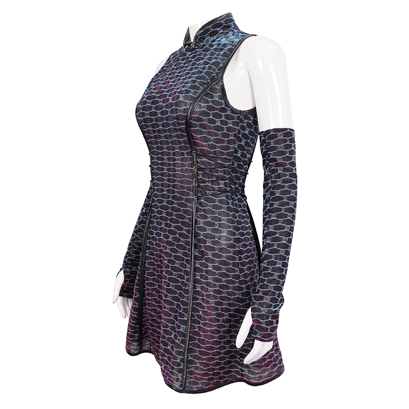 Short Punk Dress with Lace-up On Waist / Extraordinary Women's Dress with Detachable Long Gloves