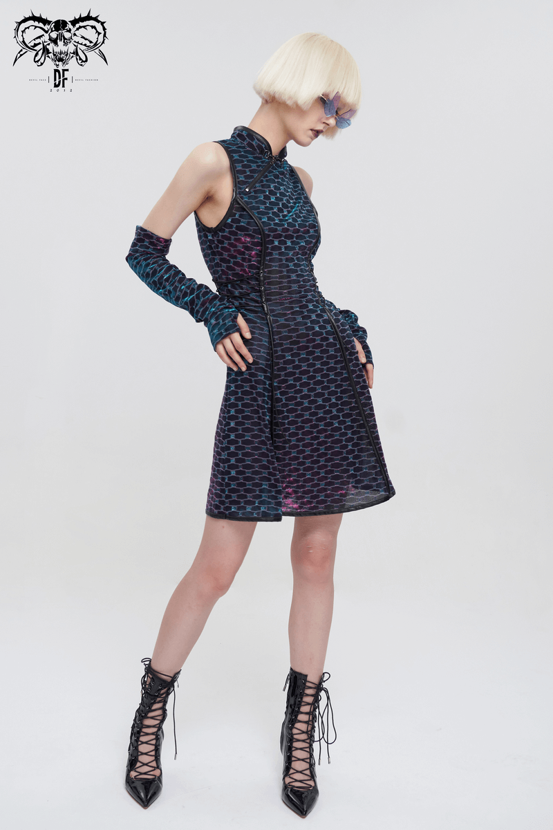 Short Punk Dress with Lace-up On Waist / Extraordinary Women's Dress with Detachable Long Gloves