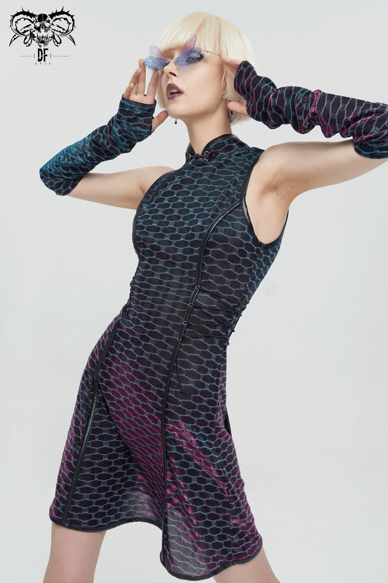 Short Punk Dress with Lace-up On Waist / Extraordinary Women's Dress with Detachable Long Gloves