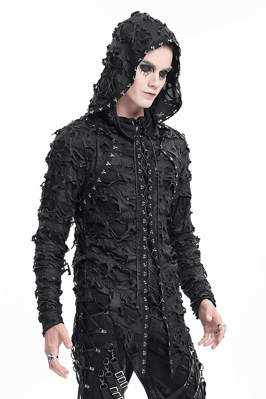 Shredded Gothic Hooded Hodie with Lace-Up Design