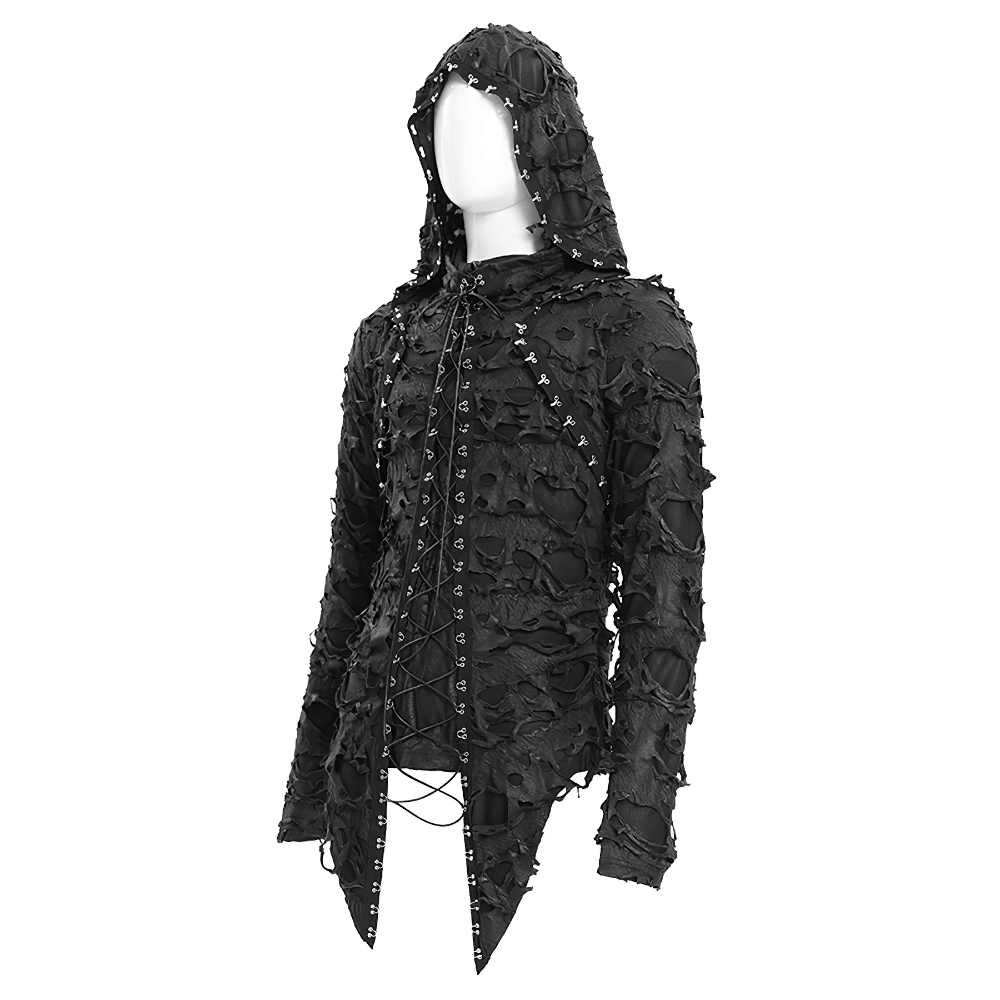Shredded Gothic Hooded Hodie with Lace-Up Design