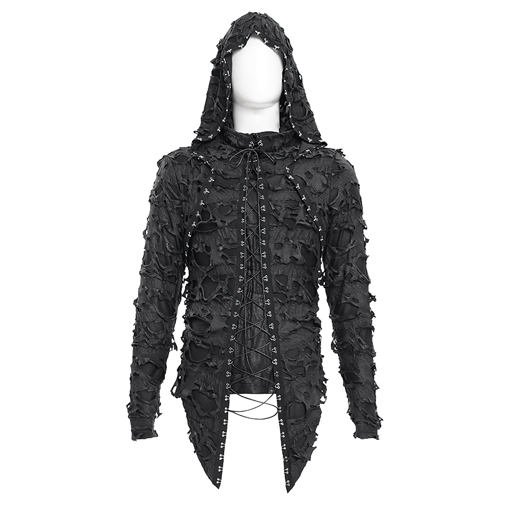 Shredded Gothic Hooded Hodie with Lace-Up Design